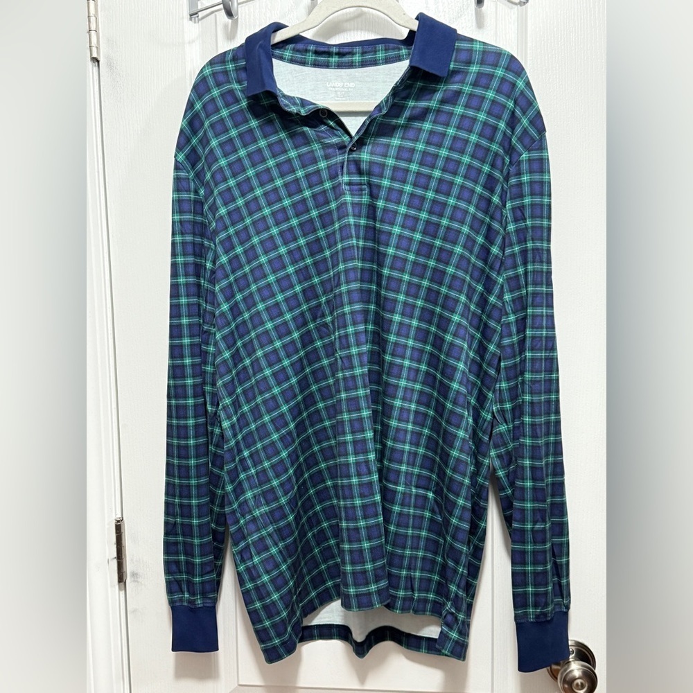 Lands End Long Sleeve Shirt Men’s XL/T Green Blue Plaid (45-48) Preppy Academia